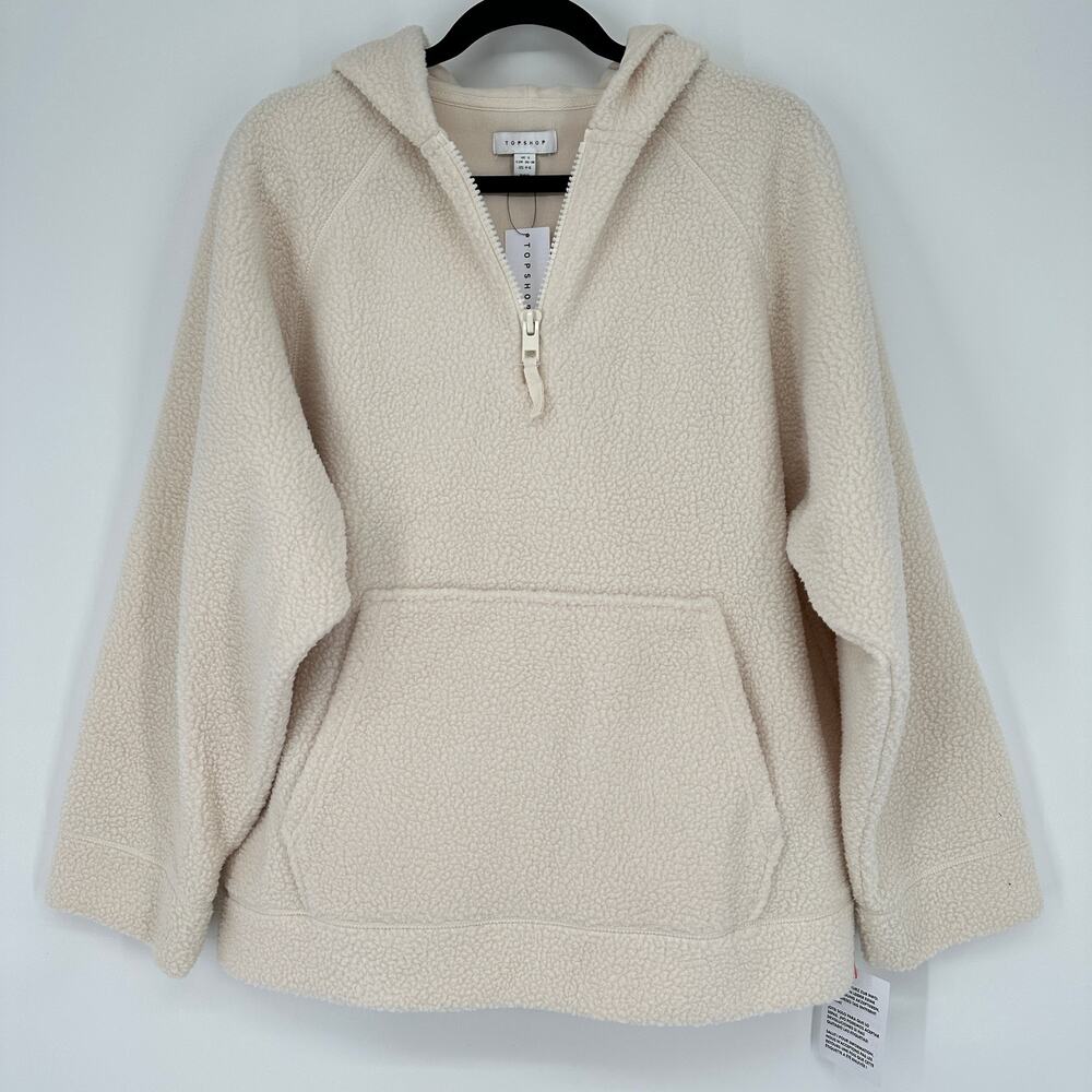 Topshop Borg Quarter Zip Fleece Hoodie Long Sleeve Pouch Pocket Cream Sweater XS